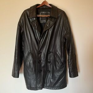 Andrew Marc Black Leather Pea Coat - Large